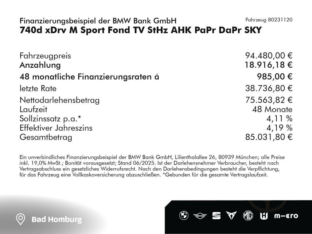 BMW 740d xDrv M Sport Fond TV StHz AHK PaPr DaPr SKY